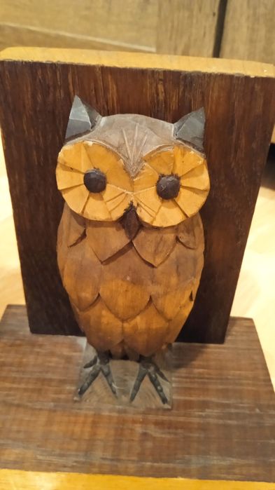 2 suporturi carti, bufnite din lemn sculptate manual, vechi, colectie