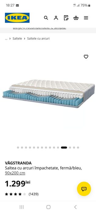 2 Saltele pat Ikea VÅGSTRANDA cu arcuri împachetate, fermă/bleu,
90x200 cm
Saltea cu arcuri împachetate, fermă/bleu,
90x200 cm