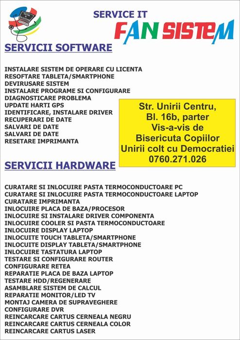 Service calculatoare, imprimante, laptopuri, tablete, update harti gp