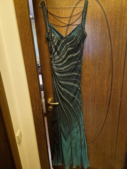 Rochie elegantă lungă de seară petrol/turcoaz cu paiete și aplicații – model spectaculos – ocazie / nuntă / gală