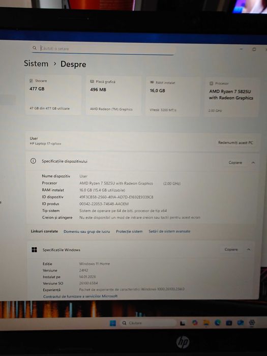 Laptop HP Ryzen 7, display 17 inch