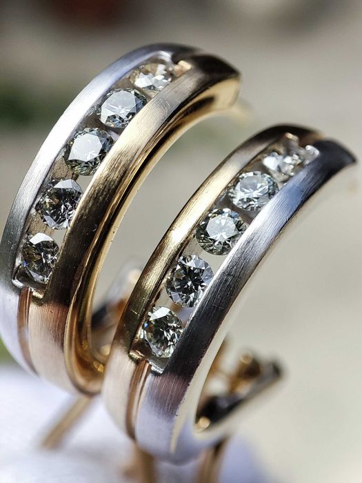 Cercei aur galben alb 14k Bicolor Half Creole Omega cu Diamant Briliant diamante briliante Certificat aur diamante ARTMAX