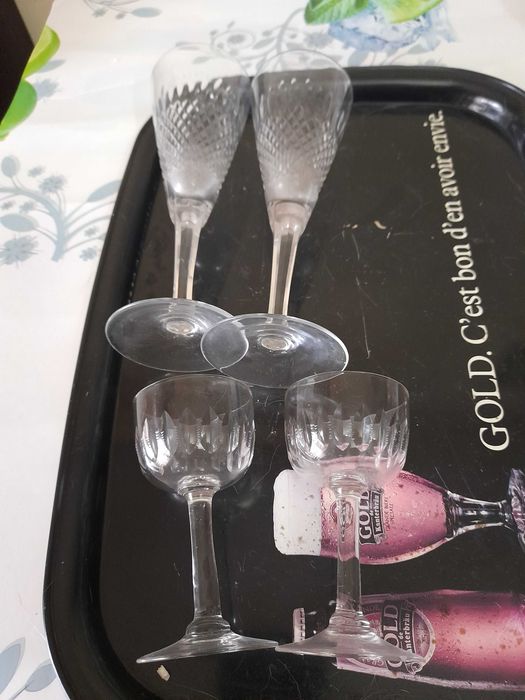 SET Pahare Cristal Sampanie Baccarat oranj aperitiv sticla veche alba digestiv sfesnic
