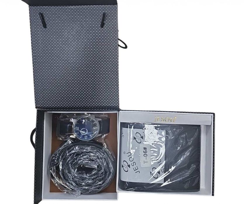 Стилен мъжки подаръчен комплект часовник,колан и портфейл