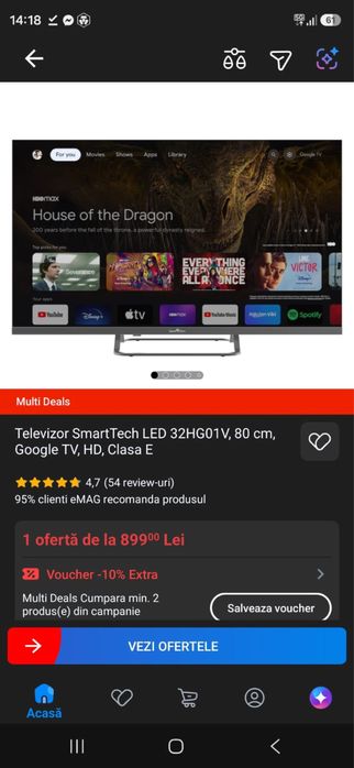 Televizor SmartTech 32HG01V, Google TV, Smart LED, 80 cm + Factură și Garanție