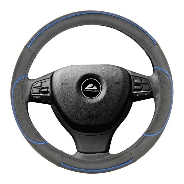 Husa volan de culoare neagra cu insertii de culoare albastra, diametru 37-39cm, material cauciucat