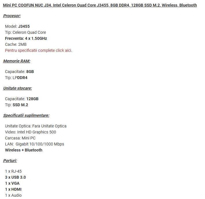 Mini PC Coofun J34, Intel Apollo Lake J3455, 8 Gb DDR4, SSD 128 Gb