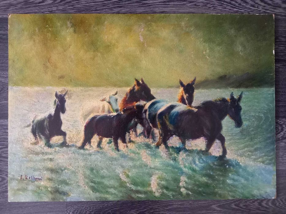 A. Bellomi – „Cai traversând apa” – ulei pe carton, 50 × 35 cm