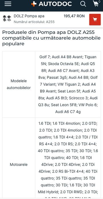 Pompa de apa compatibila cu Audi, Man, Seat, skoda, vw, audi