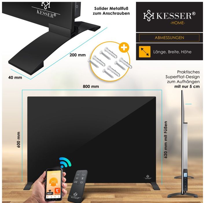 Стъклен инфрачервен нагревател 500W ,стенен и на крачета, дистанционно