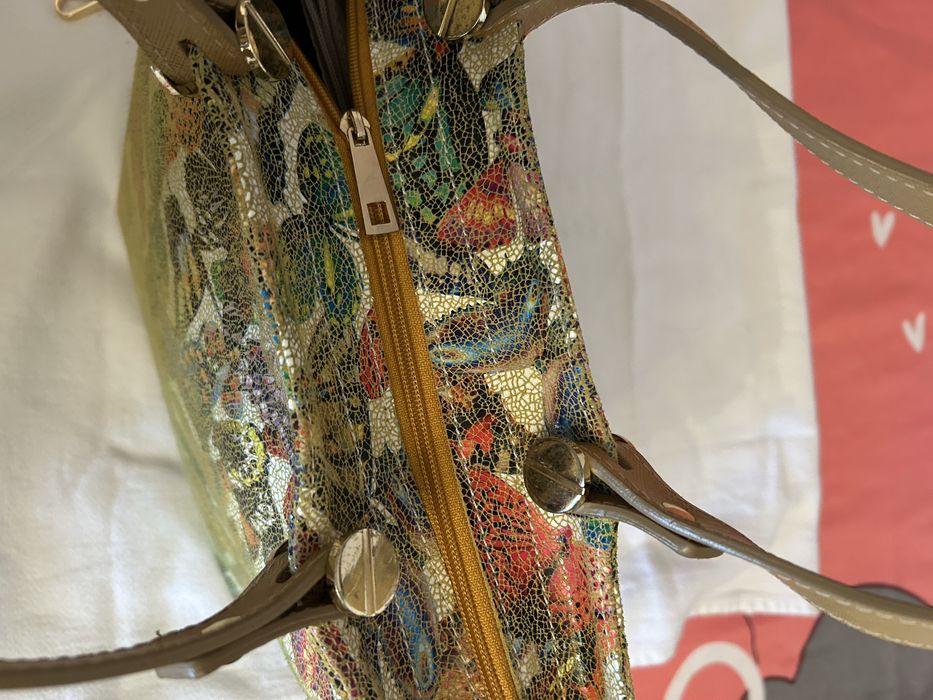 Rucsac alb piele si geanta miulticolora