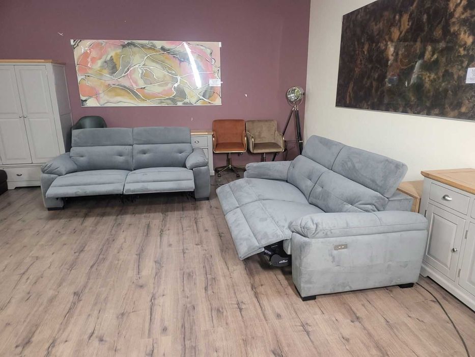Сив комплект дивани от плат две тройки с ел релакс механизъм
