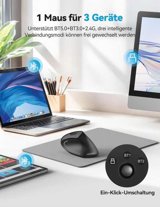 Mouse vertical ergonomic TECKNET wireless Bluetooth 5.0 + 2.4G, 4800 DPI, reîncărcabil