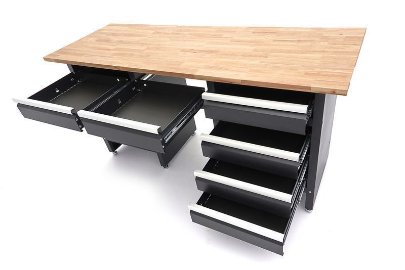 Черна работна маса с 6 чекмеджета, 1 врата и масивен дървен плот - 171