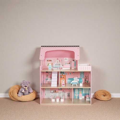 Дървена къщичка за кукли LED осветление и аксесоари