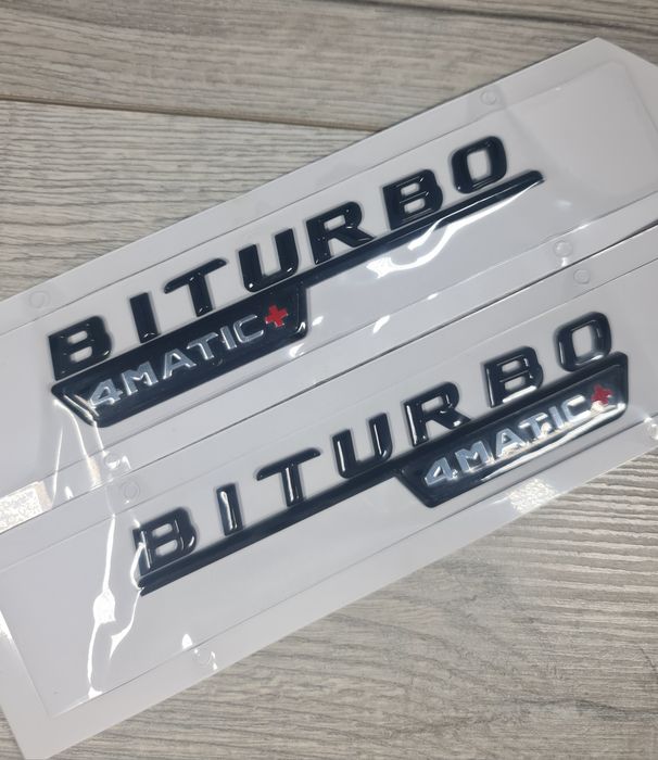 Set-2-Embleme-Mercedes-Turbo-Biturbo-4Matic+Negre-Lucios-C-E-S-CLS-GLE