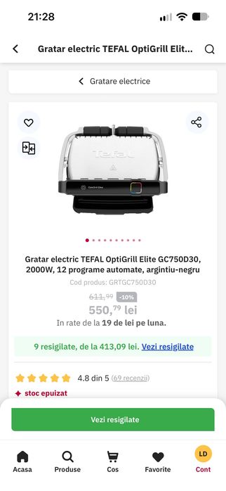 Gratar electric TEFAL OptiGrill Elite GC750D30, 2000W, 12 programe automate, argintiu-negru