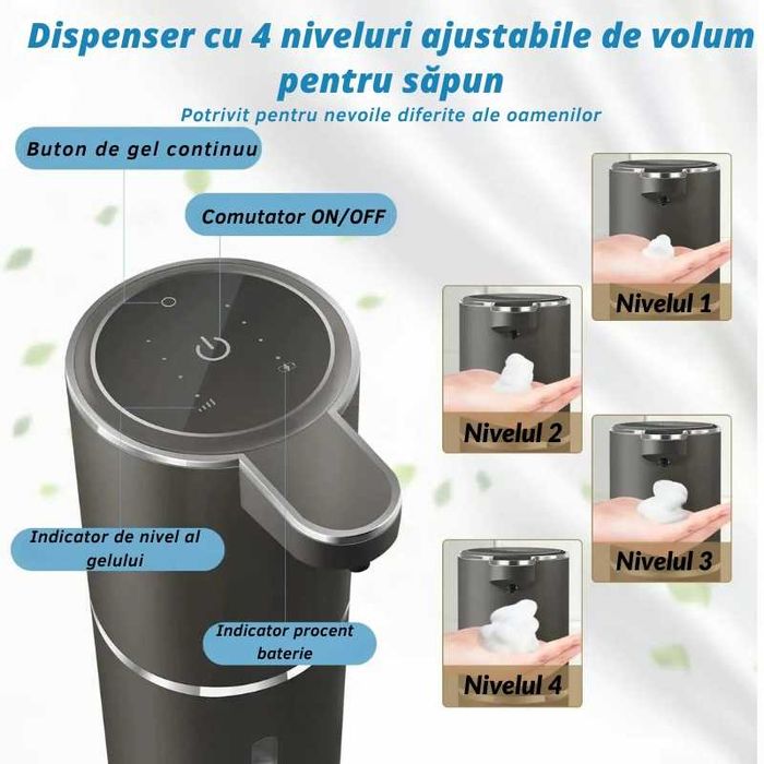 Dozator Automat Sapun, 4 Niveluri, LED, Senzor Miscare, USB-C, 380ml