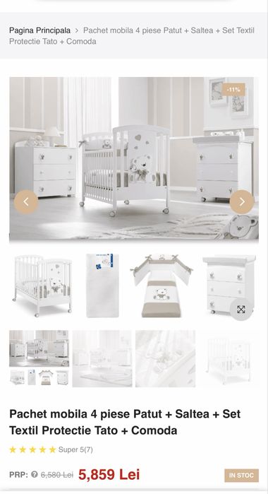 Pachet mobila 4 piese: patut + saltea + comoda + set textil protectie Anne Bebe alb/crem