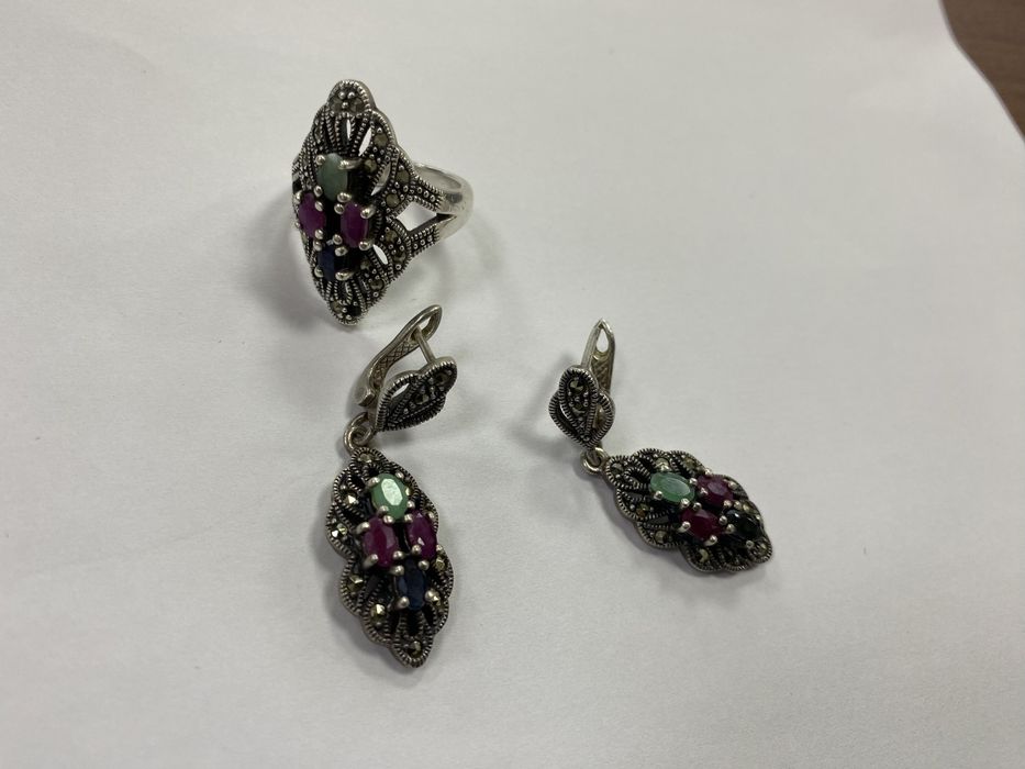 Серебрянный набор: браслет, кольцо, серьги, кулон