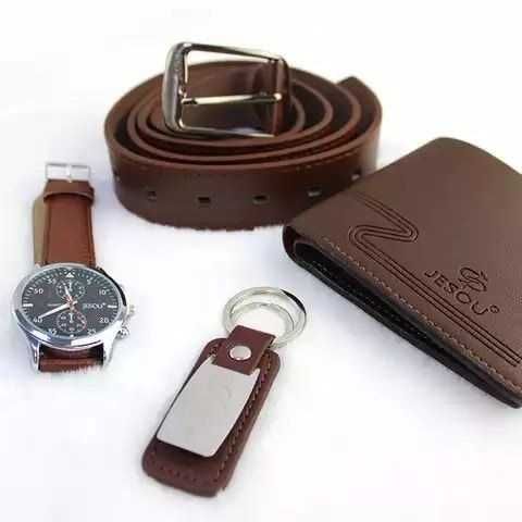 Луксозен мъжки подаръчен Сет Часовник, Колан, Ключодържател, Портфейл