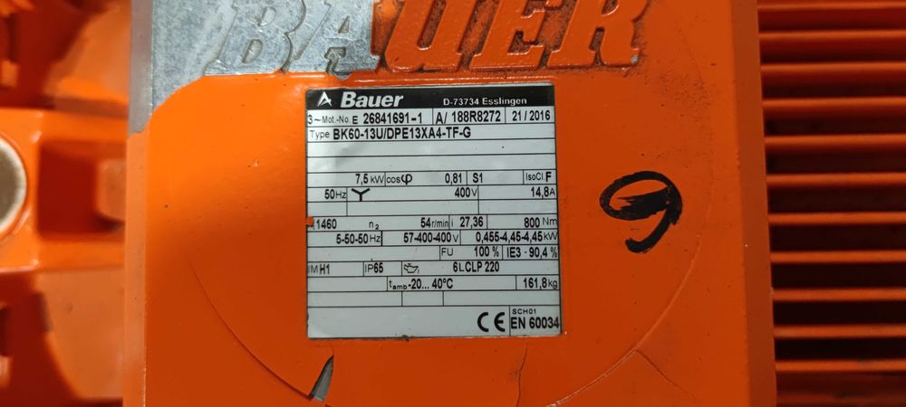 Motor electric trifazat cu reductor Bauer 7.5kW 54rpm 380V