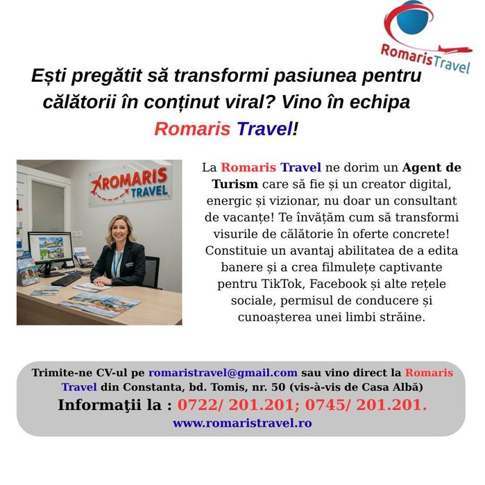 Vrei o carieră dinamică în turism? Alătură-te agentiei Romaris Travel!
