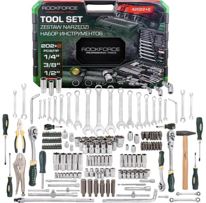 Гедоре/куфар с инструменти 202+2 части 1/4” 3/8” 1/2” 4-32мм ROCKFORCE