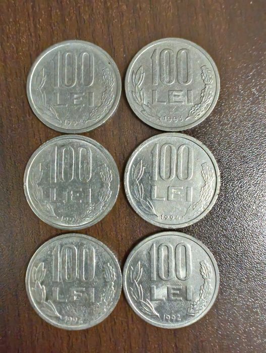 Monede 100 lei  1 buc din 1992, 1 buc din 1993 și 4 buc din 1994
