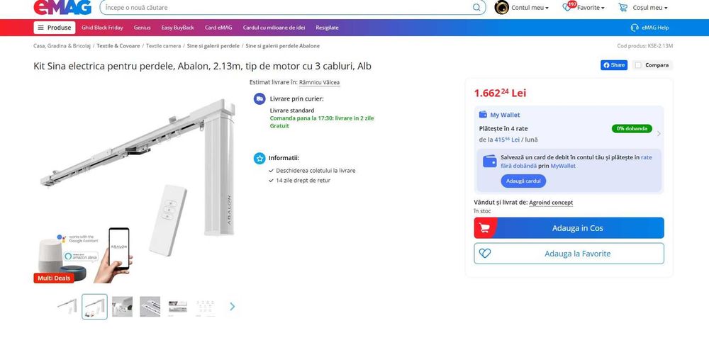 Kit Sina electrica pentru perdele, Abalon, 2.13m, motor cu 3 cabluri