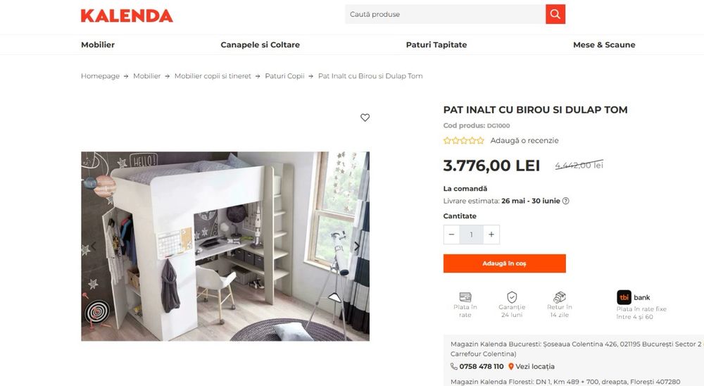 Pat inalt cu birou si dulap (saltea si scaun de birou incluse)