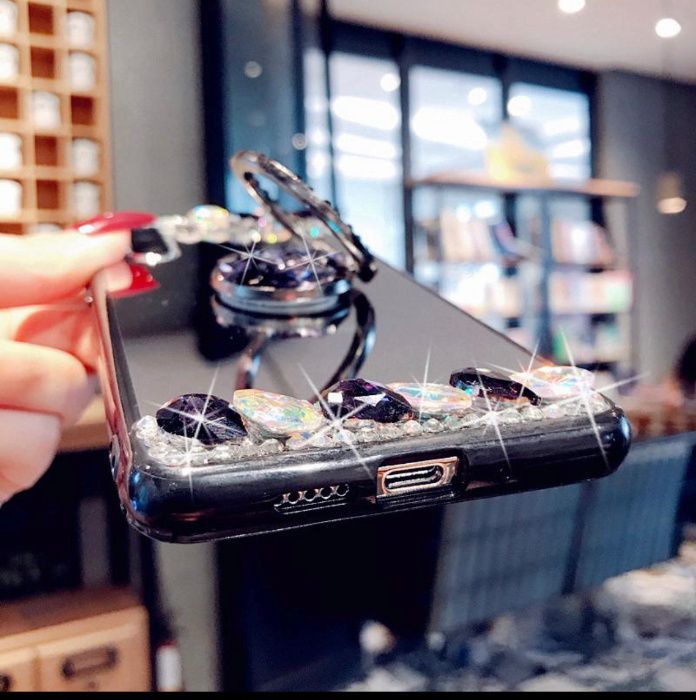 Husa oglinda, inel si pietricele iPhone 12,12 Mini, 12 Pro, 12 Pro Max