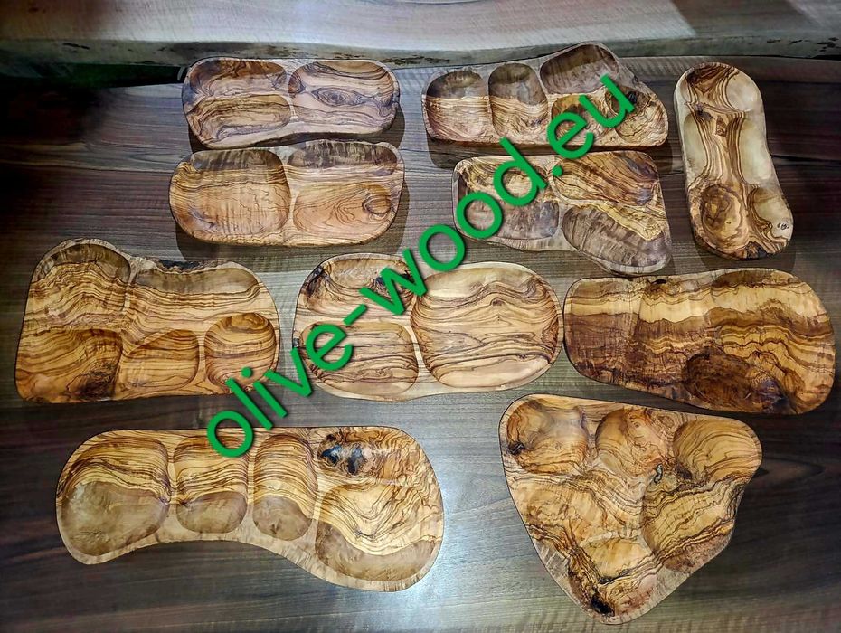 Дървени купи, чинии, чаши, дъски и плата за мезета от маслиново дърво