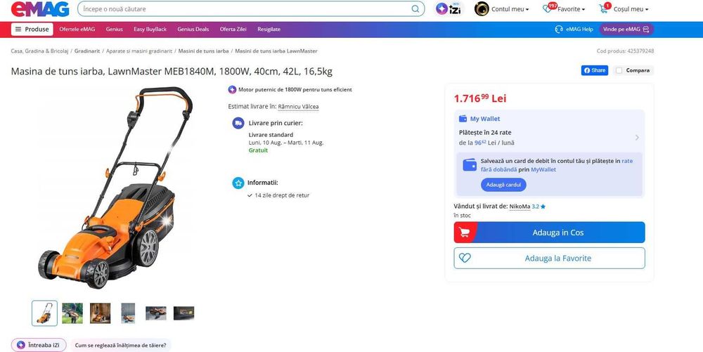 Masina de tuns iarba și tractoare LawnMaster Zenitech M2EB1637M 1600W 37cm, 6 înălțimi reglabile 20-70mm