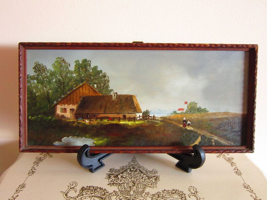 cadou rar tablou mic pictură în ulei scenă rurală Danemarca anii'50