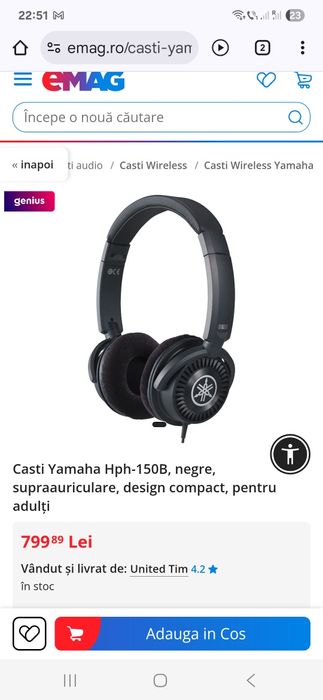 Casti Yamaha Hph-150B, negre, supraauriculare, design compact