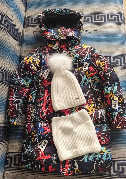 Зимний пуховик Турция до 10 лет в подарок шапка и снуд