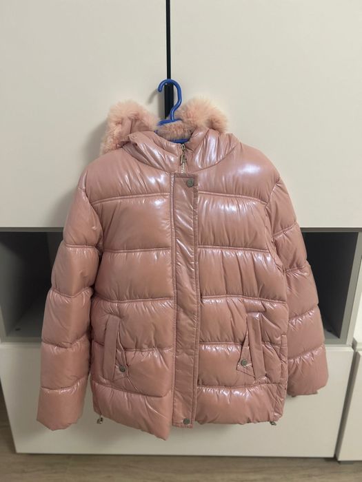 Geacă de iarnă roz sidefat cu sclipici 158/164
