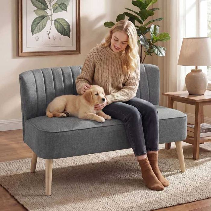 Двуместен диван HOMCOM, тапициран с ленен вид, дървена рамка, 117 см