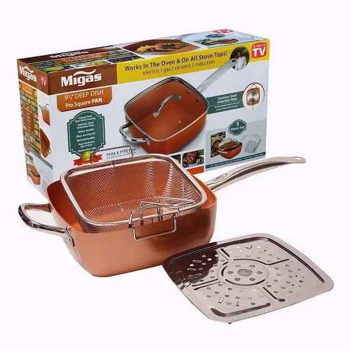 Нов дълбок меден тиган Copper Pan, Комплект 6 в 1, Незалепващо Cerami-Tech покритие, Индукционно дъно С лека драскотина