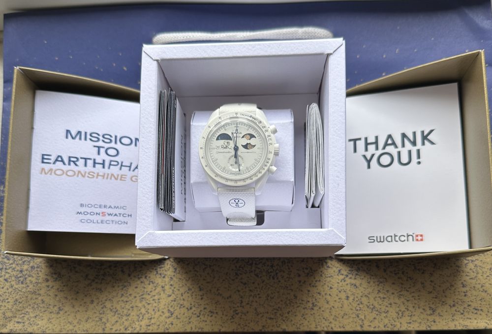 Ceas Swatch Omega Mission to Earthphase Moonshine Gold, bon , garantie