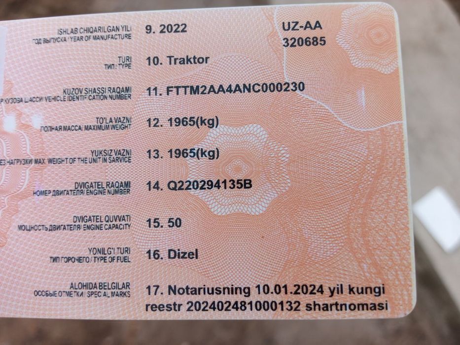 Traktor LOVOL 504 qishloq xo'jaligi texnikasi sotiladi