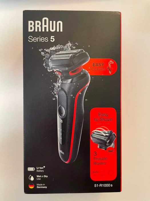 Aparat de ras electric Braun Series 5 51-R1000s Wet&Dry, AutoSense, Easy Clean, Easy Click, 3 elemente de taiere, Rosu/Negru