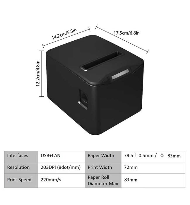 Imprimantă termică de chitanțe Bisofice 80 mm USB+LAN 220 mm/s ESC/POS