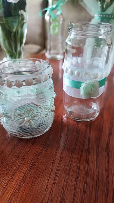 Свещници в бурканчета с декорация цвят мента - 20бр.- цена за всички