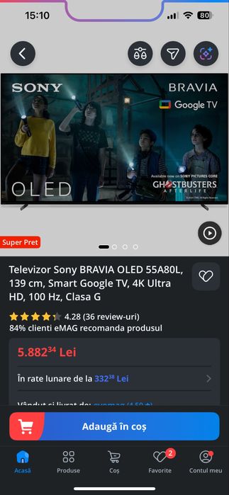Sony Bravia Oled A80L, 144Hz + subscriptie filme Bravia core 2 ani.
