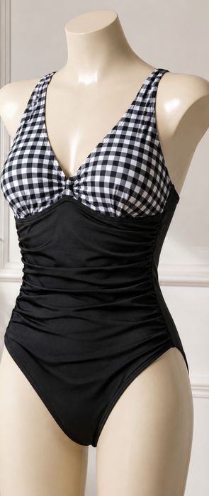 Costum de baie dintr-o piesă cu decolteu în V pentru femei, push-up, talie înaltă – Negru/Alb XL