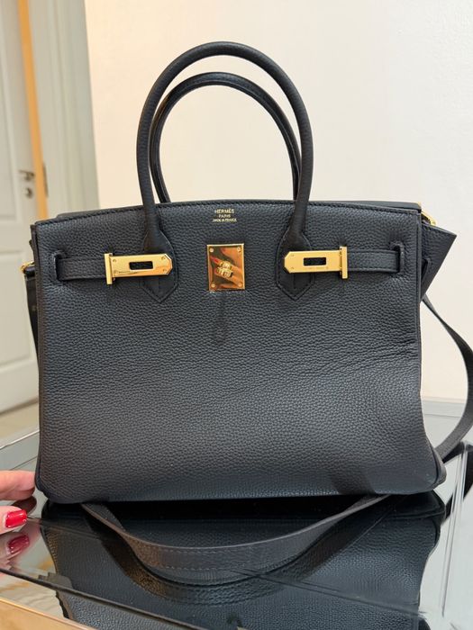 Geantă Hermès Birkin neagră – piele naturală, curea umăr, hardware auriu