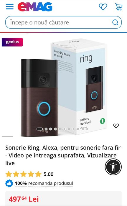 Sonerie Ring, Alexa, pentru sonerie fara fir - Video pe intreaga suprafata, Vizualizare live, SIGILATE