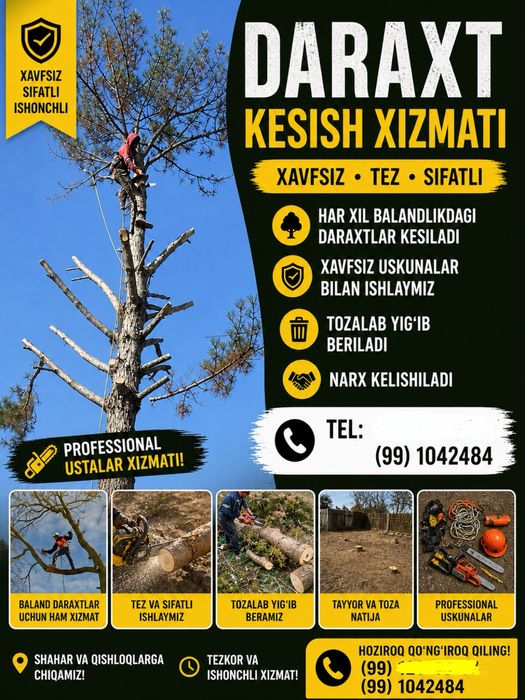 Daraxt kesish xizmatimiz bor Har xil balandlikdagi daraxtlarni